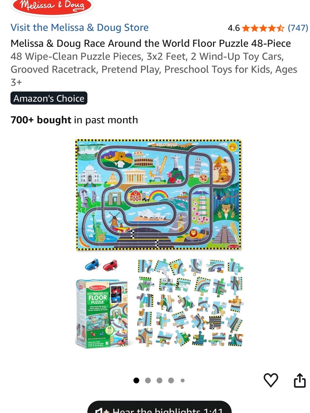 Melissa & Doug Blue and Multicolor World Race Floor Puzzle with Wind-Up Cars